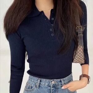 SHEIN Ribbed Navy Buttoned Polo Sweater